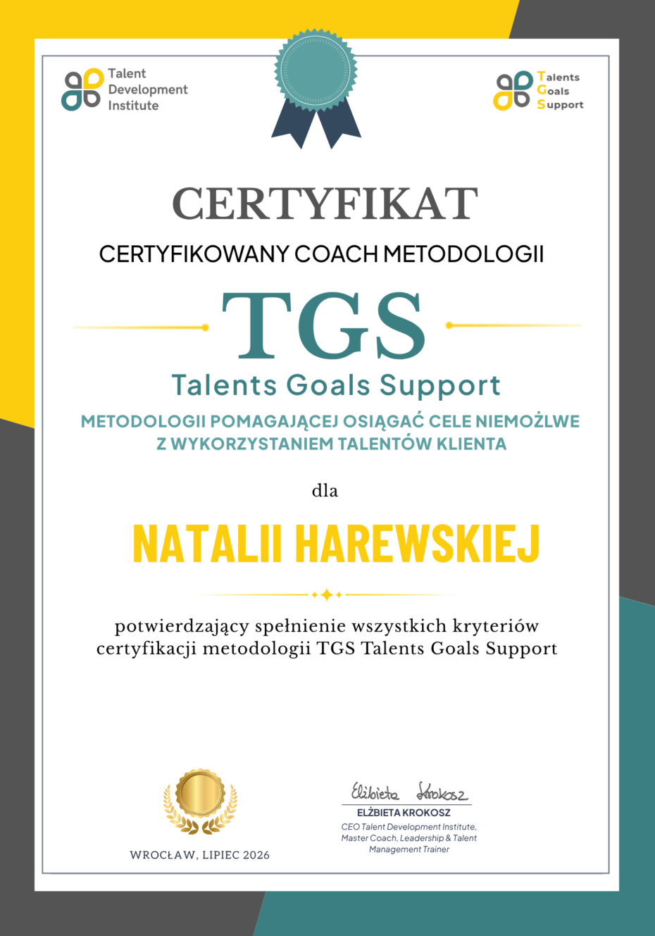 Certyfikat TGS Natalia Harewska
